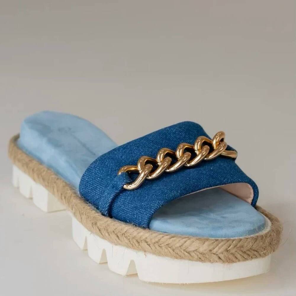 NEW CYNTHIA RICHARD women's bardot fabric sandal in denim